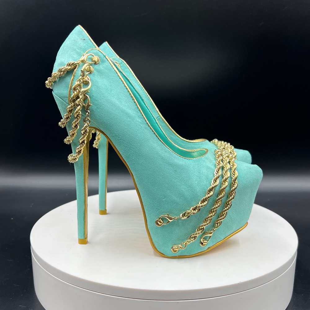 ALBA Teal and Gold Platform Heels with Gold Chains